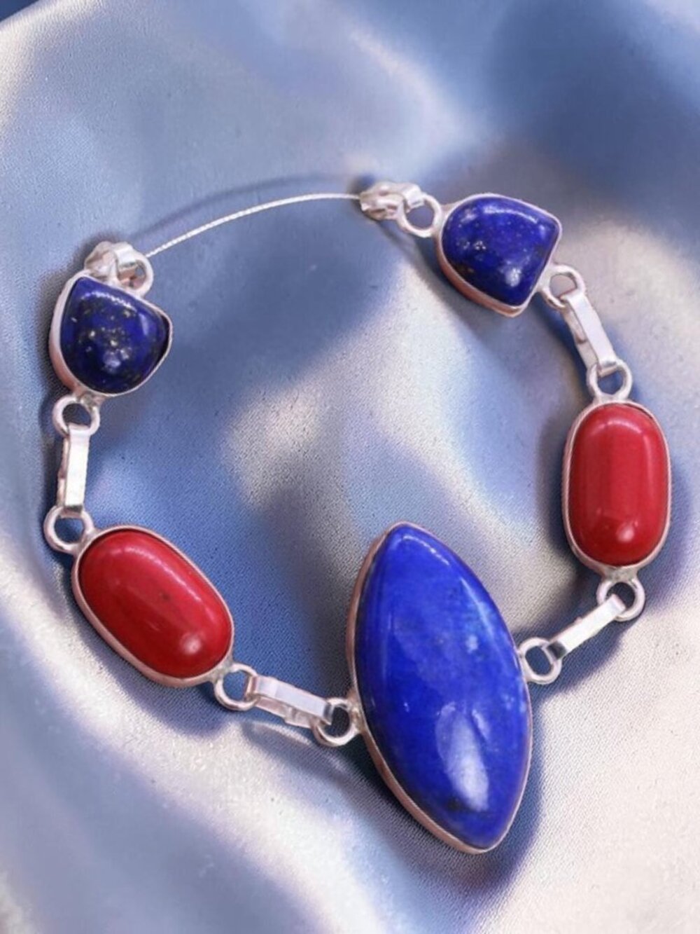 Lapis Lazuli 925 Silver Plated Handmade Bracelet of 6.5"